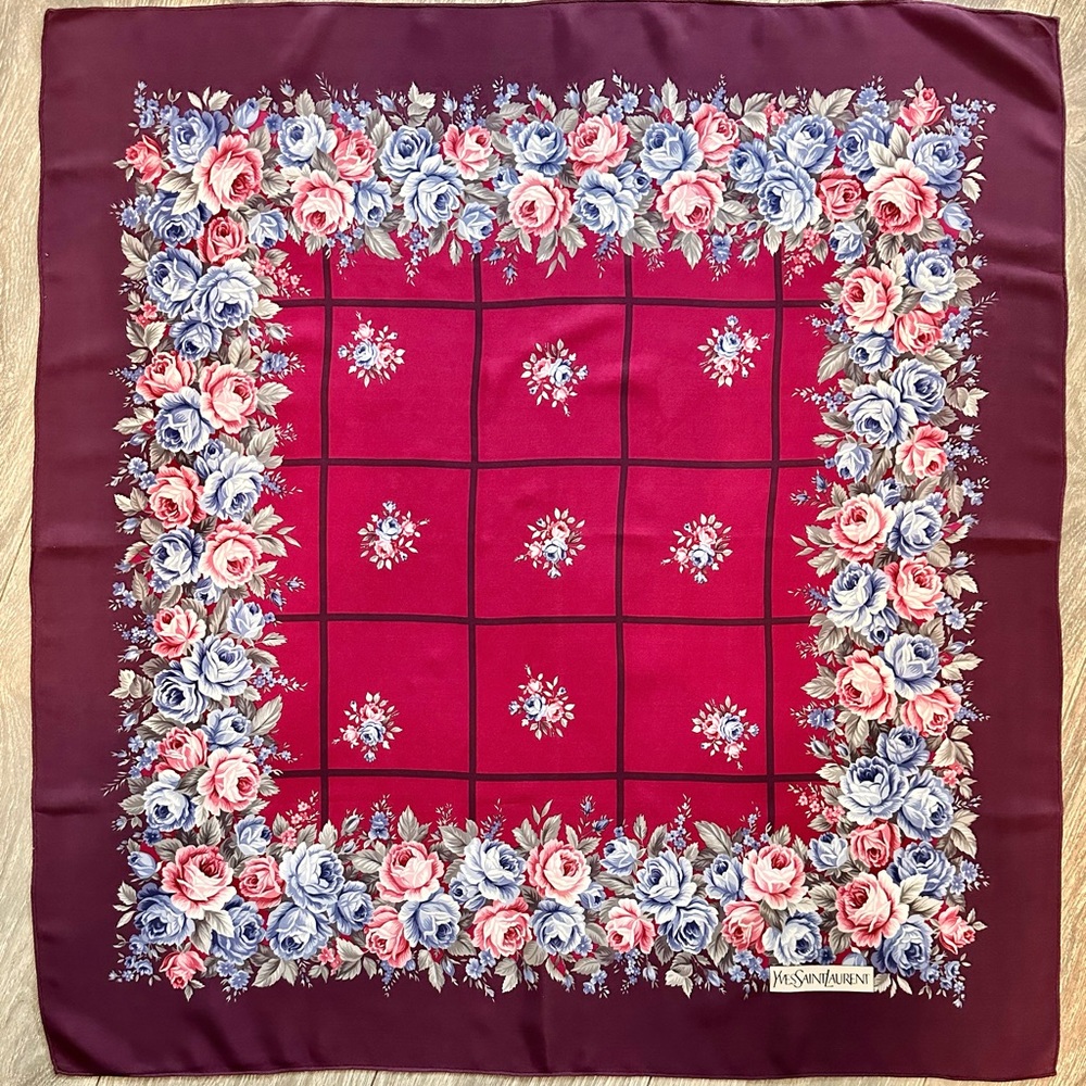 YSL silk scarf 32x30” upside rolled hem. Used 15 min on blazer. Like new 9.75/10